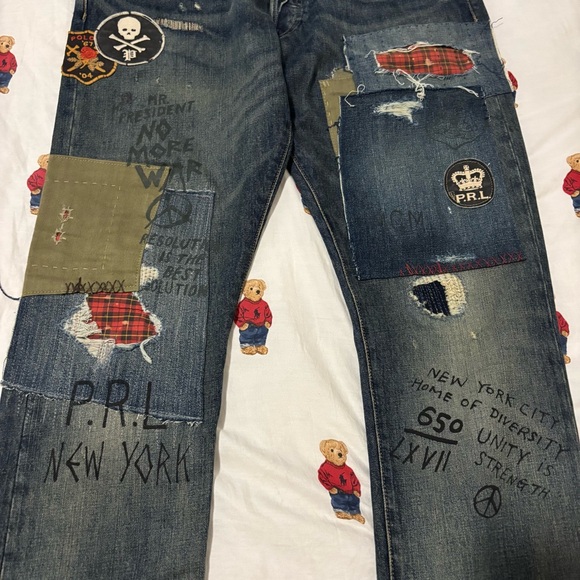 Polo Ralph Lauren Skull Patchwork Distressed Jeans Military Men’s 34x32 - Picture 3 of 8